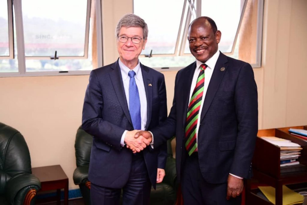 Prof. Jeffrey Sachs (Left) and Prof. Barnabas Nawangwe (Right) shake hands during the courtesy call. High-Level Policy Dialogue organized by the United Nations Development Programme (UNDP), in partnership with the Office of the Prime Minister (OPM), National Planning Authority and Makerere University on the theme “Accelerating the Sustainable Development Goals through leveraging Innovating Financing, the Parish Development Model, and Science and Technology”, Keynote address by Prof. Jeffrey Sachs, 28th February 2024, Yusuf Lule Central Teaching Facility Auditorium, Makerere University, Kampala Uganda, East Africa.