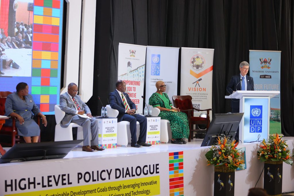 Left to Right: Rt. Hon. Robinah Nabbanja, Hon. Raphael Magyezi, Prof. Barnabas Nawangwe, H.E. Nwanneakolam Vwede-Obahor and Prof. Jeffrey Sachs. High-Level Policy Dialogue organized by the United Nations Development Programme (UNDP), in partnership with the Office of the Prime Minister (OPM), National Planning Authority and Makerere University on the theme “Accelerating the Sustainable Development Goals through leveraging Innovating Financing, the Parish Development Model, and Science and Technology”, Keynote address by Prof. Jeffrey Sachs, 28th February 2024, Yusuf Lule Central Teaching Facility Auditorium, Makerere University, Kampala Uganda, East Africa.