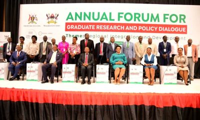 The Guest of Honour-Hon. Dr. John C. Muyingo (3rd L) and Hon. Peace Regis Mutuzo (3rd R) with Seated Left to Right: Prof. Edward Bbaale, Prof. Barnabas Nawangwe, Ms. Clare Cheromoi and Ms. Adella Grace Migisha and Members of Management, Principals, Deputy Registrars and Researchers at the Forum on 25th April 2024. Annual Forum for Graduate Research and Policy Dialogue, 25th April 2024, Yusuf Lule Central Teaching Facility Auditorium, Makerere University, Kampala Uganda, East Africa.