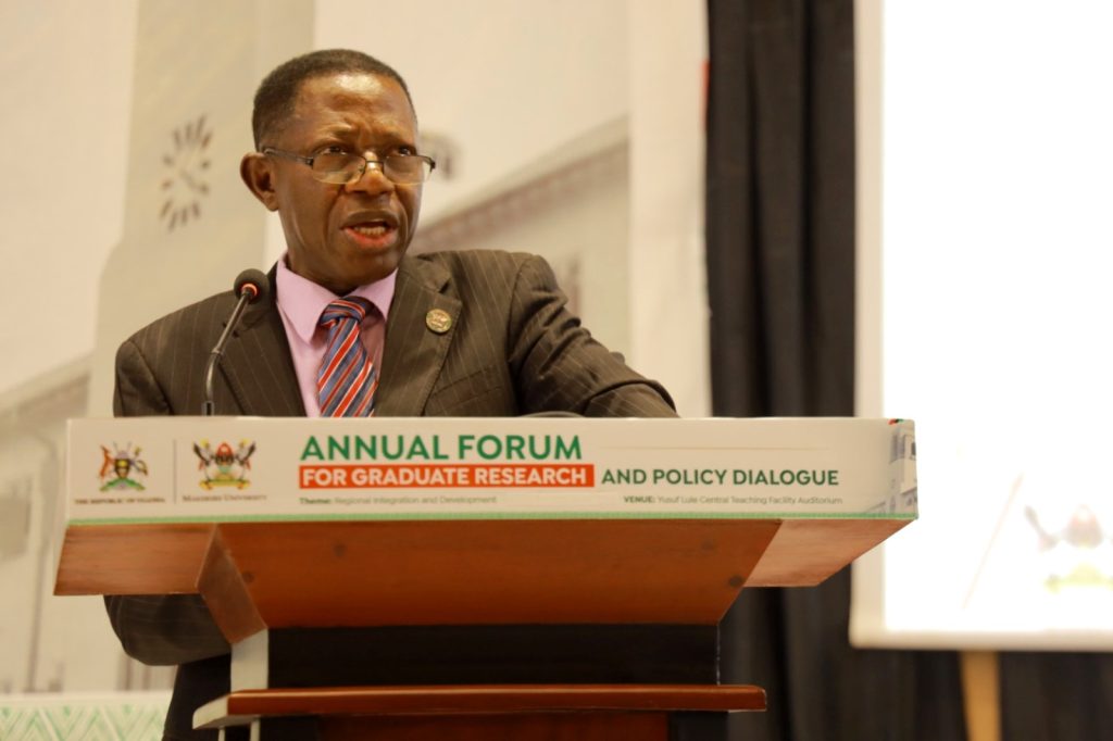 Prof. Buyinza Mukadasi officially opens Day 2 of the Forum. Annual Forum for Graduate Research and Policy Dialogue, 26th April 2024, Yusuf Lule Central Teaching Facility Auditorium, Makerere University, Kampala Uganda, East Africa.