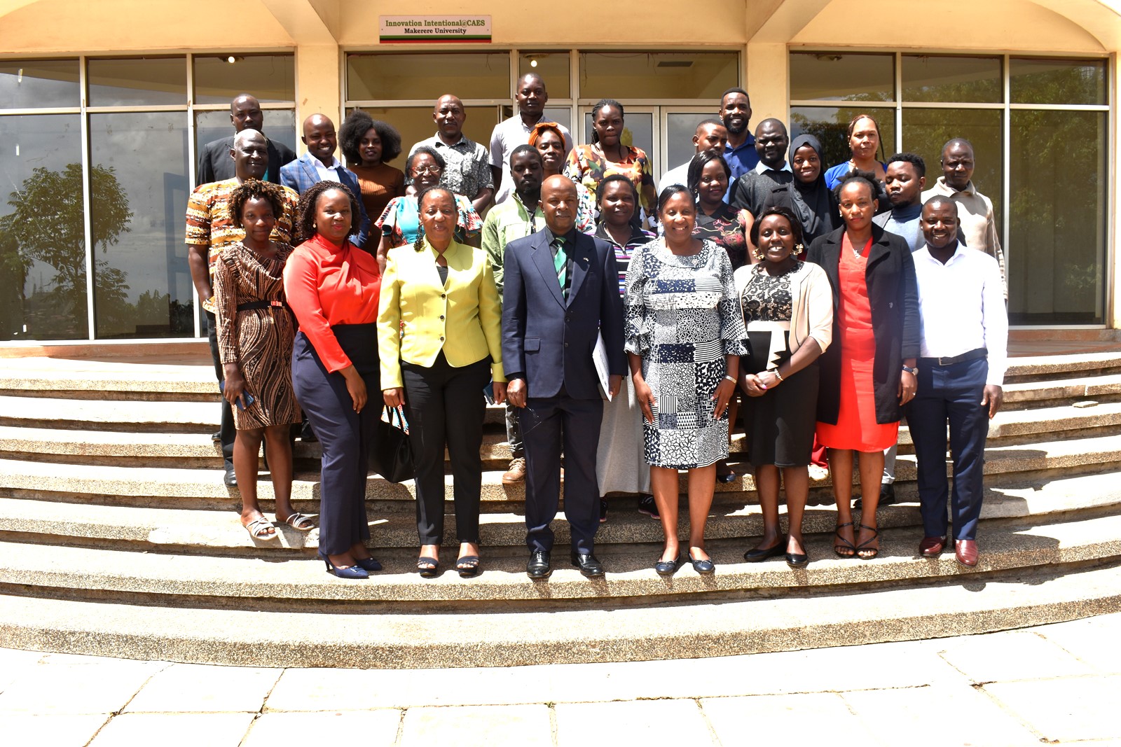Some of the trained Agro-processors with the representative of the VC, Prof. Edward Bbaale (4th L), the Principal of CAES, Prof. Gorettie Nabanoga (3rd L) and the Dean, SFTNB, Dr. Julia Kigozi (4th R) at the workshop on 9th April 2024. “Empowerment of the Agro-Processing Industry to meet the Quantity and Quality for Local and Export Market (EAPI Phase II)” Mak-RIF-Funded Project dissemination of outputs and sharing insights, best practices and success stories from the trained processors and students, 9th April 2024, The Conference Hall, School of Food Technology, Nutrition and Bio-engineering, College of Agricultural and Environmental Sciences (CAES), Makerere University, Kampala Uganda, East Africa.