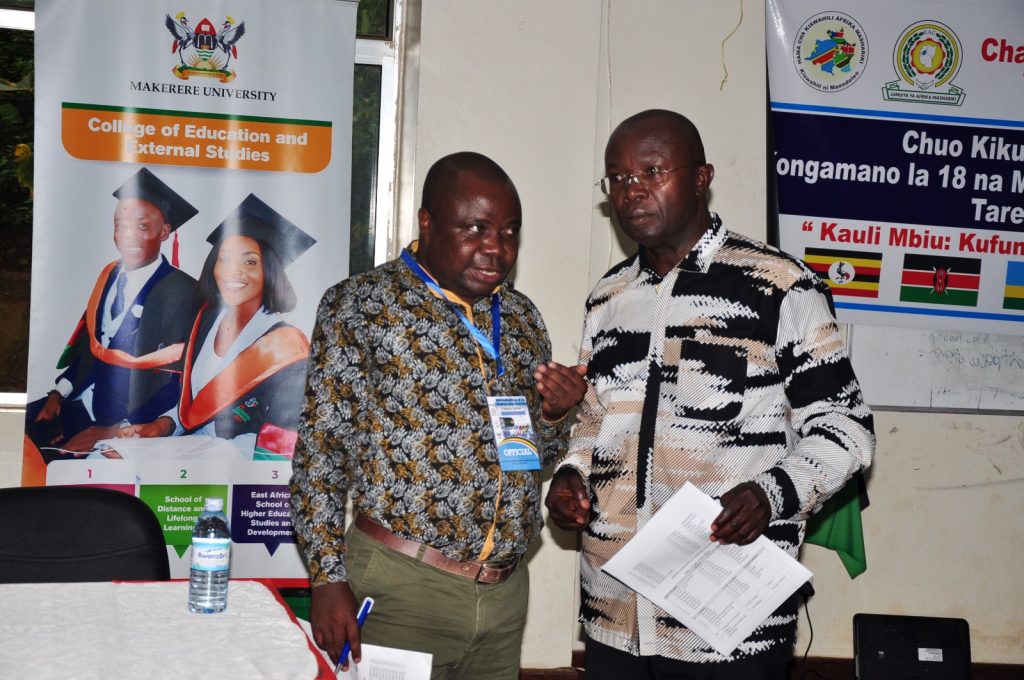 The Guest of Honour, Dr. Muhammad Kiggundu Musoke (Right) at the Conference. The 17th Annual Kiswahili conference, 23rd-24th March, 2024, Big Lab, Block B, College of Computing and Information Sciences (CoCIS), Makere University, Kampala Uganda, East Africa.
