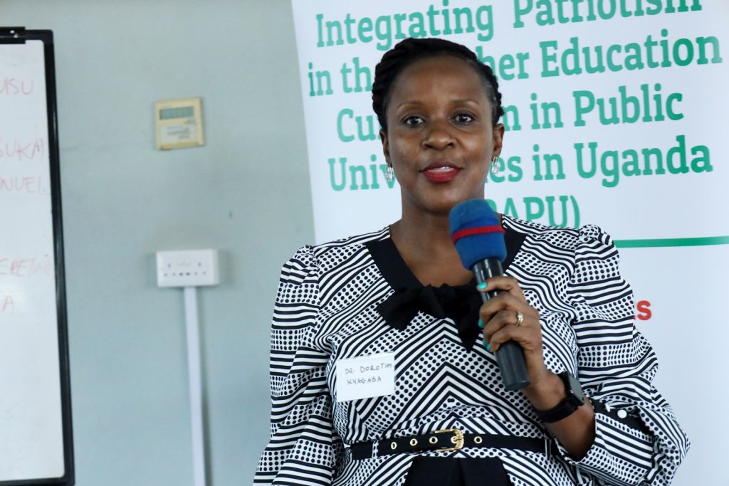 Dr. Dorothy Kyagaba. Stakeholders’ workshop to discuss the integration of patriotism in the teacher education curriculum among selected Public Universities a project supported by the Makerere University Research and Innovations Fund (Mak-RIF) at the College of Education and External Studies (CEES), 15th April 2024, Telepresence Centre, Senate Building, Makerere University, Kampala Uganda, East Africa.
