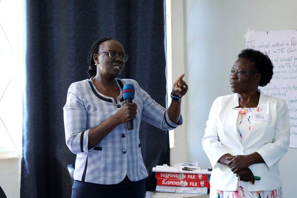 Prof. Betty Ezati (Left) and Madam Kawuma Caroline (Right) at the event. Stakeholders’ workshop to discuss the integration of patriotism in the teacher education curriculum among selected Public Universities a project supported by the Makerere University Research and Innovations Fund (Mak-RIF) at the College of Education and External Studies (CEES), 15th April 2024, Telepresence Centre, Senate Building, Makerere University, Kampala Uganda, East Africa.