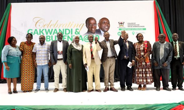 Prof. Arthur Gakwandi (Centre) Prof. Umar Kakumba (5th Right) and Prof. Austin Bukenya (4th Right) in a group photo with the CHUSS College leadership and other luminaries after the opening session of the Celebration. The Department of Literature, School of Languages, Literature and Communication, College of Humanities and Social Sciences (CHUSS) Celebrates Prof. Arthur Gakwandi and Prof. Austin Bukenya at 80, 5th April 2024, The Auditorium, Yusuf Lule Central Teaching Facility, Makerere University, Kampala Uganda, East Africa.