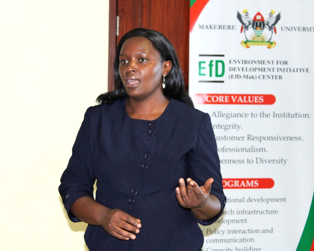 Dr. Florence Lwiza presenting study findings. EfD-Uganda Fellows Co-creation workshop with representatives from Government, CSO and the private sector to generate a context-relevant Micro, Small and Medium Enterprise (MSMEs)-led model for supporting the transition to low-carbon ag-tech by smallholder farmers, 25th April 2024, Makerere University, Kampala Uganda, East Africa.