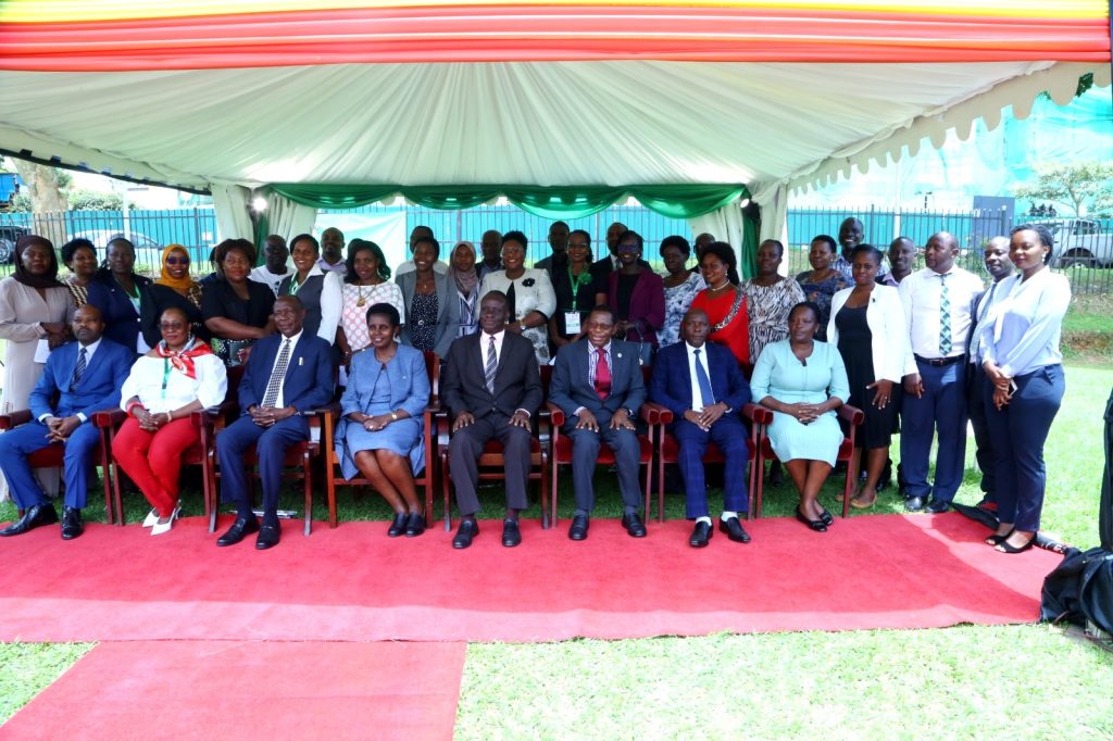 The Academic Registrar-Prof. Buyinza Mukadasi (3rd R) with Mrs. Patience Mushengyezi (4th L), Former Academic Registrars-Mr. Alfred Masikye Namoah (3rd L) and Mr. Amos Olar Odur (4th R), as well as staff from the Academic Registrars Department. Launch of the Digitalization of Academic Records and Processes (DARP) project by the Minister of Education and Sports, Hon. Janet Kataaha Museveni represented by the State Minister for Higher Education, Hon. John C. Muyingo, 19th April 2024, Freedom Square, Makerere University, Kampala Uganda.