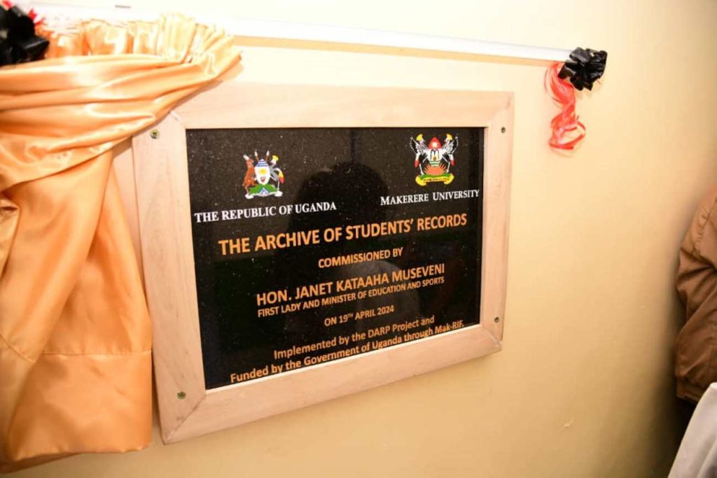 The Foundation Stone Commissioning of the Archive of Students' Records. Launch of the Digitalization of Academic Records and Processes (DARP) project by the Minister of Education and Sports, Hon. Janet Kataaha Museveni represented by the State Minister for Higher Education, Hon. John C. Muyingo, 19th April 2024, Senate Building, Makerere University, Kampala Uganda.
