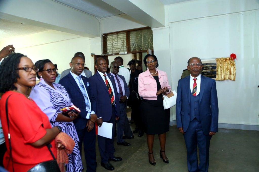 Right to Left: Hon. Dr. John C. Muyingo, Mrs. Lorna Magara, Prof. Fred Masagazi-Masaazi, Prof. Barnabas Nawangwe, Prof. Umar Kakumba, Prof. Justine Namaalwa and Ms. Meralyn Mungereza during a tour of the Archive of Students' Records. Launch of the Digitalization of Academic Records and Processes (DARP) project by the Minister of Education and Sports, Hon. Janet Kataaha Museveni represented by the State Minister for Higher Education, Hon. John C. Muyingo, 19th April 2024, Senate Building, Makerere University, Kampala Uganda.