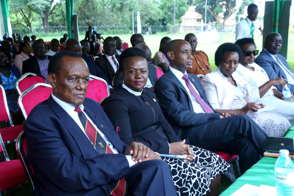 Left to Right: Former Vice Chancellor-Prof. George Kirya, Chaplain St. Francis-Rev. Dr. Lydia Nsaale Kitayimbwa, Prof. Aaron Mushengyezi and other members of the family. Launch of the Digitalization of Academic Records and Processes (DARP) project by the Minister of Education and Sports, Hon. Janet Kataaha Museveni represented by the State Minister for Higher Education, Hon. John C. Muyingo, 19th April 2024, Freedom Square, Makerere University, Kampala Uganda.