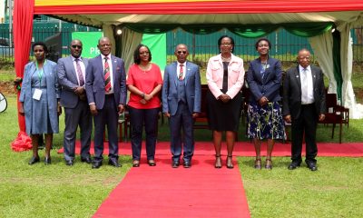 The Guest of Honour-Hon. Dr. John C. Muyingo (4th R), Chairperson of Council-Mrs. Lorna Magara (3rd R), Vice Chancellor-Prof. Barnabas Nawangwe (3rd L), Permanent Secretary MoES-Ms. Ketty Lamaro (2nd R), Chancellor Emeritus-Prof. Ezra Suruma (R), Country Program Head Mastercard Foundation Uganda-Ms. Meralyn Mungereza (4th L), Chairperson Mak-RIF GMC-Prof. Fred Masagazi-Masaazi (2nd L) and DARP Project PI-Mrs. Patience Mushengyezi (L) at the launch event on 19th April 2024. Launch of the Digitalization of Academic Records and Processes (DARP) project by the Minister of Education and Sports, Hon. Janet Kataaha Museveni represented by the State Minister for Higher Education, Hon. John C. Muyingo, 19th April 2024, Freedom Square, Makerere University, Kampala Uganda.