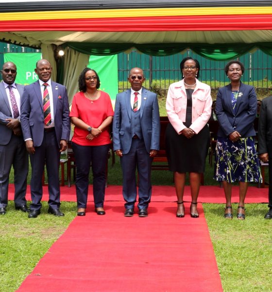 The Guest of Honour-Hon. Dr. John C. Muyingo (4th R), Chairperson of Council-Mrs. Lorna Magara (3rd R), Vice Chancellor-Prof. Barnabas Nawangwe (3rd L), Permanent Secretary MoES-Ms. Ketty Lamaro (2nd R), Chancellor Emeritus-Prof. Ezra Suruma (R), Country Program Head Mastercard Foundation Uganda-Ms. Meralyn Mungereza (4th L), Chairperson Mak-RIF GMC-Prof. Fred Masagazi-Masaazi (2nd L) and DARP Project PI-Mrs. Patience Mushengyezi (L) at the launch event on 19th April 2024. Launch of the Digitalization of Academic Records and Processes (DARP) project by the Minister of Education and Sports, Hon. Janet Kataaha Museveni represented by the State Minister for Higher Education, Hon. John C. Muyingo, 19th April 2024, Freedom Square, Makerere University, Kampala Uganda.