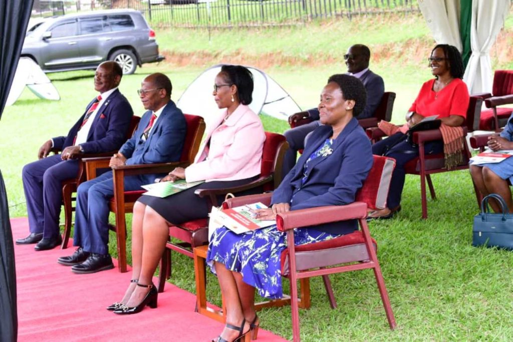 Dignitaries enjoy a light moment during the launch of the DARP Project. Launch of the Digitalization of Academic Records and Processes (DARP) project by the Minister of Education and Sports, Hon. Janet Kataaha Museveni represented by the State Minister for Higher Education, Hon. John C. Muyingo, 19th April 2024, Freedom Square, Makerere University, Kampala Uganda.