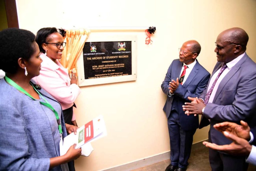 Left to Right: Mrs. Patience Mushengyezi, Mrs. Lorna Magara, Hon. Dr. John C. Muyingo and Prof. Fred Masagazi-Masaazi at the Commissioning of the Archive of Students' Records. Launch of the Digitalization of Academic Records and Processes (DARP) project by the Minister of Education and Sports, Hon. Janet Kataaha Museveni represented by the State Minister for Higher Education, Hon. John C. Muyingo, 19th April 2024, Senate Building, Makerere University, Kampala Uganda.