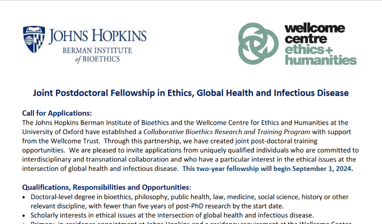 Call for Applications: Joint Postdoctoral Fellowship in Ethics, Global Health and Infectious Disease. Deadline: 10th May 2024.
