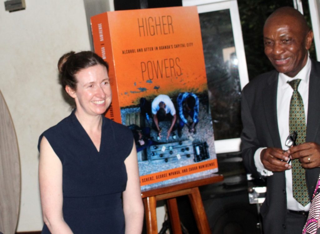 Associate Professor China Scherz (Left) at the book launch. Launch of Higher Powers: Alcohol and After in Uganda's capital city book by Sarah Namirembe, George Mpanga and UVA's Associate Professor China Scherz, 26th April 2024, Conference Hall, School of Food Technology, Nutrition and Bioengineering, CAES, Makerere University, Kampala Uganda, East Africa.