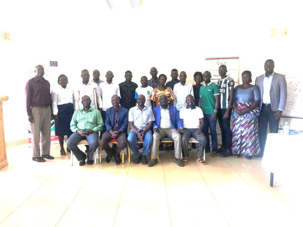 Participants pose for a group photo. Prof. Charles Masembe, Department of Zoology, Entomology, and Fisheries Sciences, College of Natural Sciences (CoNAS), Makerere University Research and Innovations Fund (Mak-RIF)-funded "African swine fever virus (ASFV) severity and viral genomic structural features: opportunities for development of a vaccine in Uganda” project research dissemination, 15th May 2024, Doves Nest Hotel, Gulu District, Northern Uganda, East Africa.