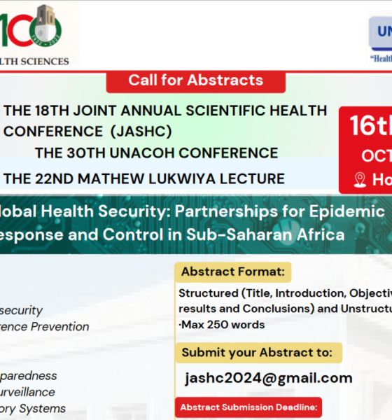 Call For Abstracts: 18th Joint Annual Scientific Health Conference (JASHC), the 30th UNACOH Conference, the 22nd Mathew Lukwiya Lecture scheduled to take place from 16th - 18th October 2024, at Hotel Africana, Kampala, Uganda, East Africa.