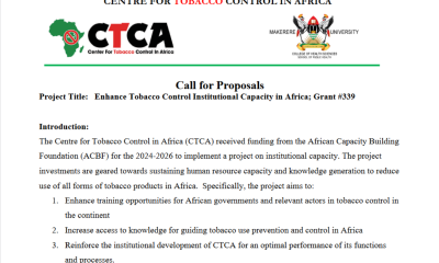 Call for Proposals - Project Title: Enhance Tobacco Control Institutional Capacity in Africa; Grant #339. Deadline 30th June 2024, by 5pm EAT. The Centre for Tobacco Control in Africa (CTCA), School of Public Health, College of Health Sciences (CHS), Makerere University, Kampala Uganda, East Africa.