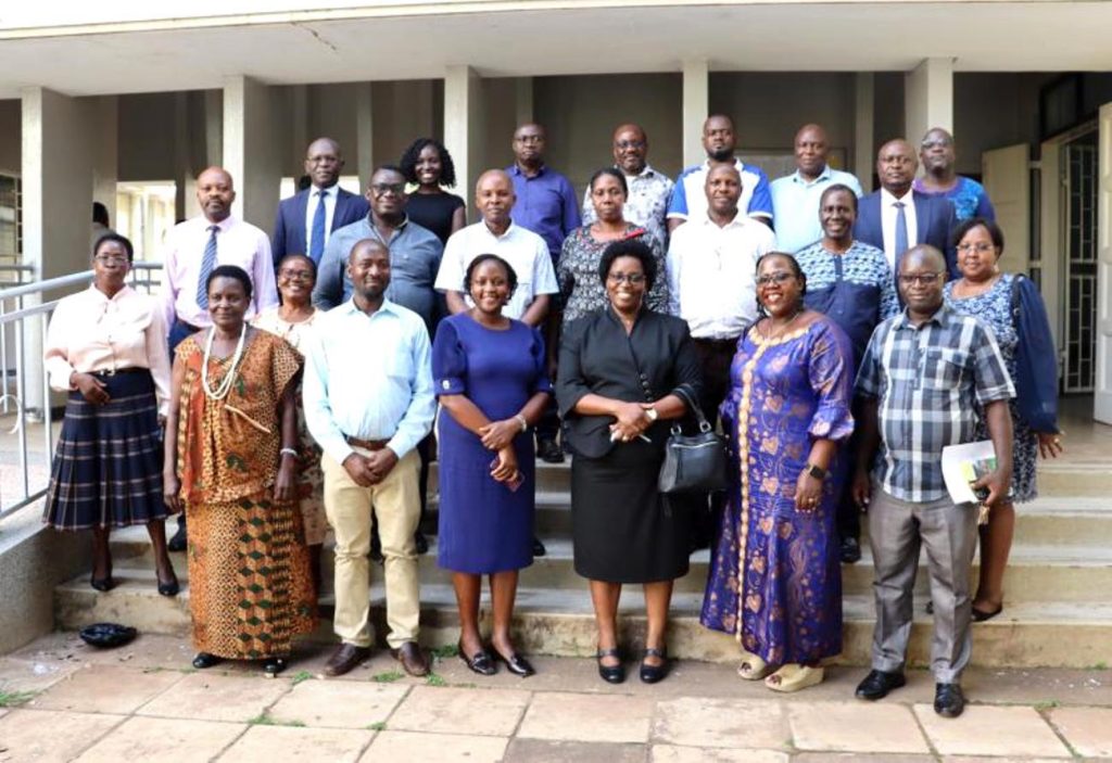Front row: Assoc. Prof. Helen Nkabala (4th Left) and Prof Josephine Ahikire (5th Left) in a group photo with some staff members after the handover ceremony. Prof. Josephine Ahikire Hands Over College of Humanities and Social Sciences (CHUSS) Leadership to Assoc. Prof. Helen Nambalirwa Nkabala, 31st May 2024, CHUSS Smart room, Makerere University, Kampala Uganda, East Africa.