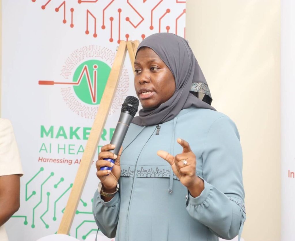 Dr. Aminah Zawedde delivering her speech. Launch of AI Health Lab, Block B, College of Computing and Information Sciences (CoCIS), Makerere University, Kampala Uganda, East Africa.