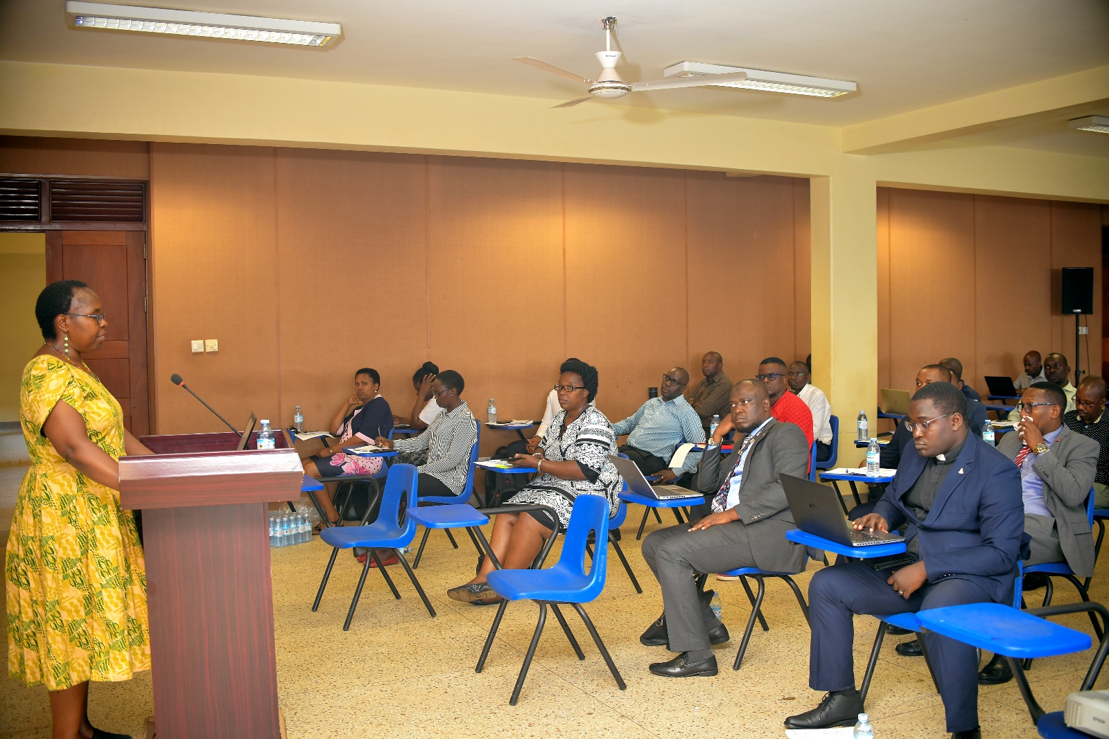 The Director Makerere University Gender Mainstreaming Directorate Dr. Euzobia Mugisha Baine (left) addresses participants at the Male Round Table discussion for Senior Academic and Administrative Male staff on 6th June 2024. Frank Kalimuzo Central Teaching Facility, Makerere University, Kampala Uganda, East Africa.