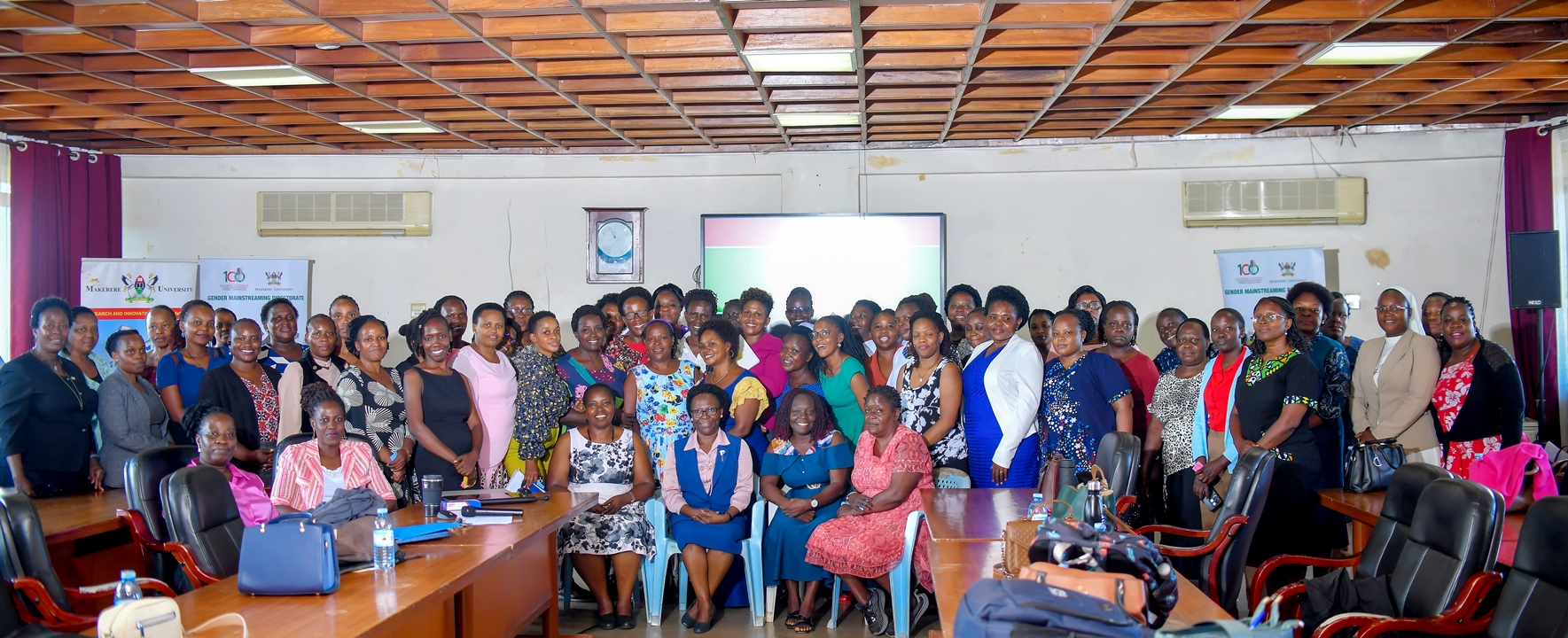 Participants who attended the two-day Workshop held 28th-29th May 2024 based on the theme: ‘Building and Sustaining a critical mass of potential women leaders at Makerere University’ pose for a group photo. Gender Mainstreaming Directorate (GMD) training of female staff on leadership skills under Mak-RIF project titled; Enhancing Women’s Participation and Visibility in Leadership and decision-making organs of Public Universities in Uganda through Action Research. Workshop 28th-29th May 2024, theme: ‘Building and Sustaining a critical mass of potential women leaders at Makerere University’, Senate Conference Hall, Senate Building, Makerere University, Kampala Uganda, East Africa.