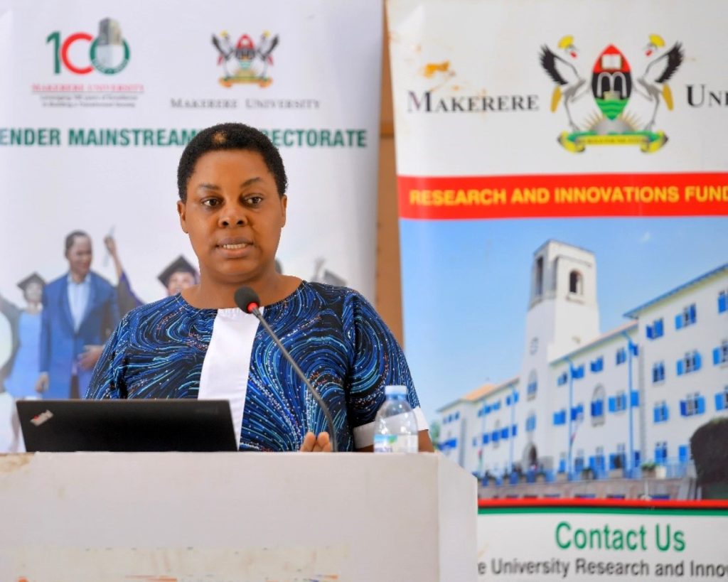 Dr. Anna Ninsiima sharing the research findings. Gender Mainstreaming Directorate (GMD), School of Women and Gender Studies (SWGS), CHUSS workshop for women leaders under Mak-RIF project titled; Enhancing Women’s Participation and Visibility in Leadership and decision-making organs of Public Universities in Uganda through Action Research, 13th June 2024, theme: ‘Nurturing women in University leadership through mentorship and experience sharing’, Yusuf Lule Central Teaching Facility Auditorium, Makerere University, Kampala Uganda, East Africa.