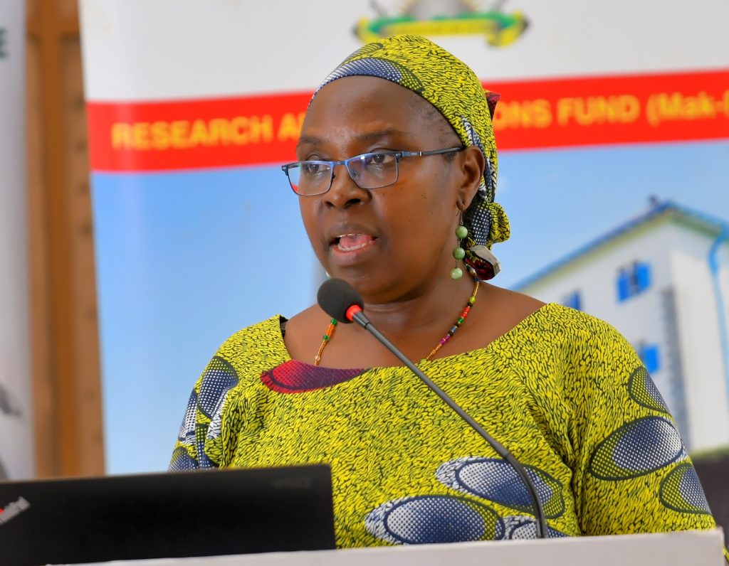 Dr. Baine delivering her remarks. Gender Mainstreaming Directorate (GMD), School of Women and Gender Studies (SWGS), CHUSS workshop for women leaders under Mak-RIF project titled; Enhancing Women’s Participation and Visibility in Leadership and decision-making organs of Public Universities in Uganda through Action Research, 13th June 2024, theme: ‘Nurturing women in University leadership through mentorship and experience sharing’, Yusuf Lule Central Teaching Facility Auditorium, Makerere University, Kampala Uganda, East Africa.