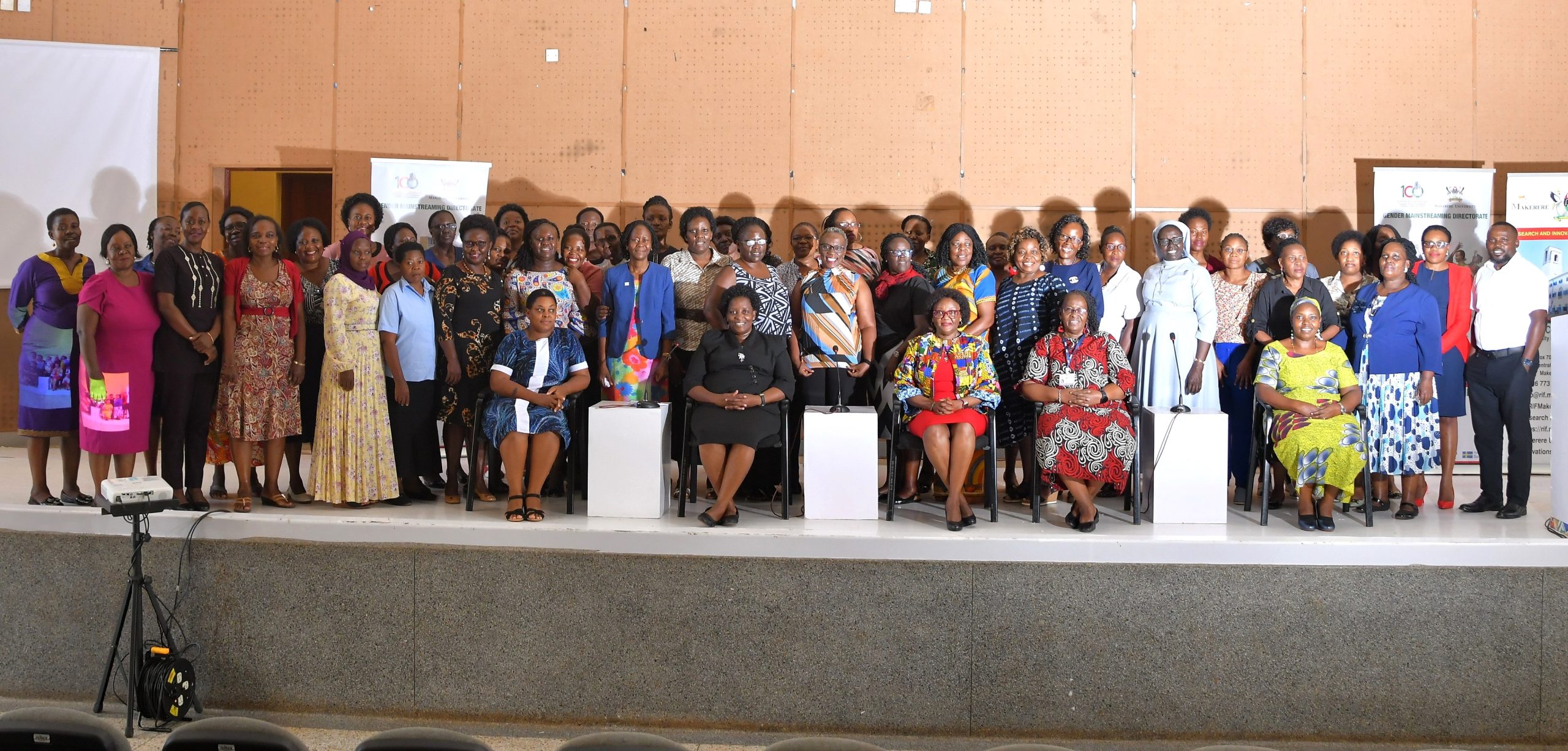 Some of the participants at the workshop pose for a group photo. Gender Mainstreaming Directorate (GMD), School of Women and Gender Studies (SWGS), CHUSS workshop for women leaders under Mak-RIF project titled; Enhancing Women’s Participation and Visibility in Leadership and decision-making organs of Public Universities in Uganda through Action Research, 13th June 2024, theme: ‘Nurturing women in University leadership through mentorship and experience sharing’, Yusuf Lule Central Teaching Facility Auditorium, Makerere University, Kampala Uganda, East Africa.