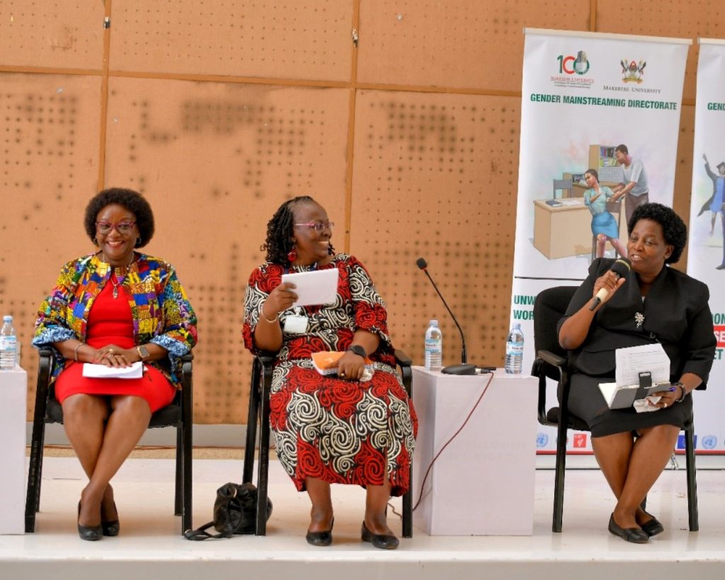 Left-Right: Prof. Wanyenze, Prof. Bantebya and Prof. Nkabala during a panel discussion on strategies for promoting women’s participation in leadership. Gender Mainstreaming Directorate (GMD), School of Women and Gender Studies (SWGS), CHUSS workshop for women leaders under Mak-RIF project titled; Enhancing Women’s Participation and Visibility in Leadership and decision-making organs of Public Universities in Uganda through Action Research, 13th June 2024, theme: ‘Nurturing women in University leadership through mentorship and experience sharing’, Yusuf Lule Central Teaching Facility Auditorium, Makerere University, Kampala Uganda, East Africa.