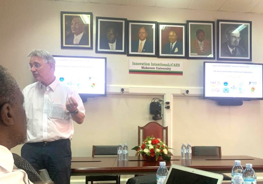 Prof. Jan Mulder of NMBU delivering a presentation on food security in Sub-Saharan Africa. Inauguration of the 2024 edition of the ClimSMART-NORHEDII CSA Summer School funded by the Norwegian Agency for Development Cooperation (NORAD) and the Norwegian Research Council, kick off theory sessions from May 27th to 28th, 2024, Makerere University, Kampala Uganda, East Africa.