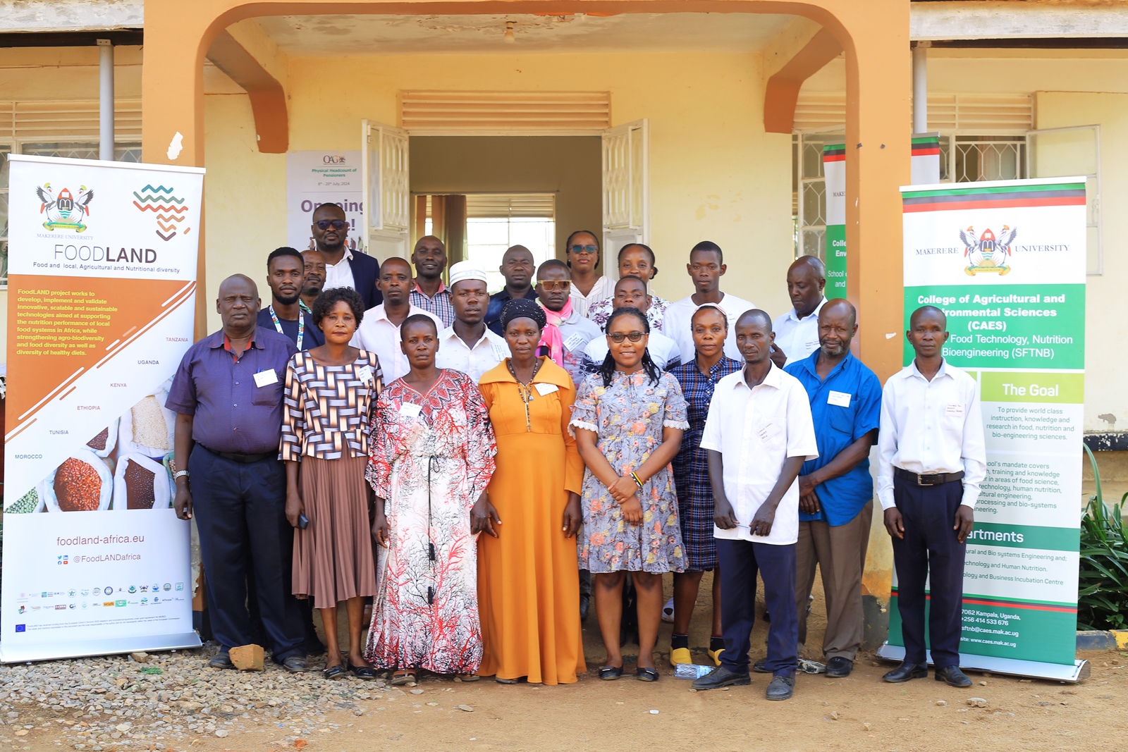 Participants including leaders of farmer groups in Nakaseke and District officials at the training venue at Butalangu District Headquarters. Food and Local, Agricultural, and Nutritional Diversity (FoodLAND) project, Department of Food Technology and Nutrition, College of Agricultural and Environmental Sciences (CAES), Makerere University, Kampala Uganda, East Africa, Funded to the tune of 7 million Euros by the European Commission within the Horizon 2020 programme, research dissemination, Nakaseke District, 16th July 2024.