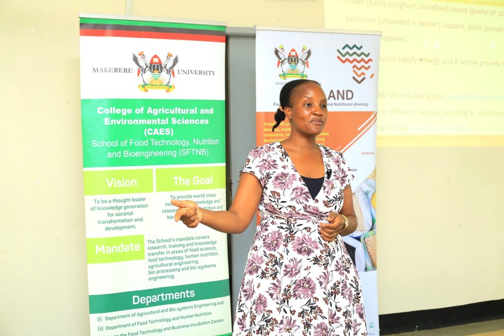 Ms. Josephine Kisakye sensitizing the farmers on the nutritional recommendations developed under the project. Food and Local, Agricultural, and Nutritional Diversity (FoodLAND) project, Department of Food Technology and Nutrition, College of Agricultural and Environmental Sciences (CAES), Makerere University, Kampala Uganda, East Africa, Funded to the tune of 7 million Euros by the European Commission within the Horizon 2020 programme, research dissemination, Nakaseke District, 16th July 2024.