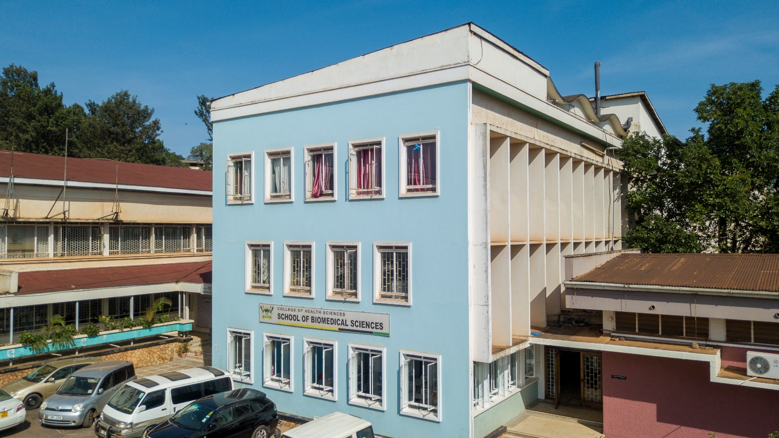 An elevated shot of the School of Biomedical Sciences Building, College of Health Sciences (CHS), Makerere University. Kampala Uganda, East Africa