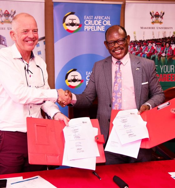 Prof. Barnabas Nawangwe (Right) and Martin Tiffen (Left) shake hands after the signing of the MoU on 16th July 2024. Makerere University signs MoU with the East African Crude Oil Pipeline (EACOP) Ltd to create a platform for finalist and recently graduated students to undertake internships and industrial training, 16th July 2024, Council Room, Frank Kalimuzo Central Teaching Facility, Kampala Uganda.