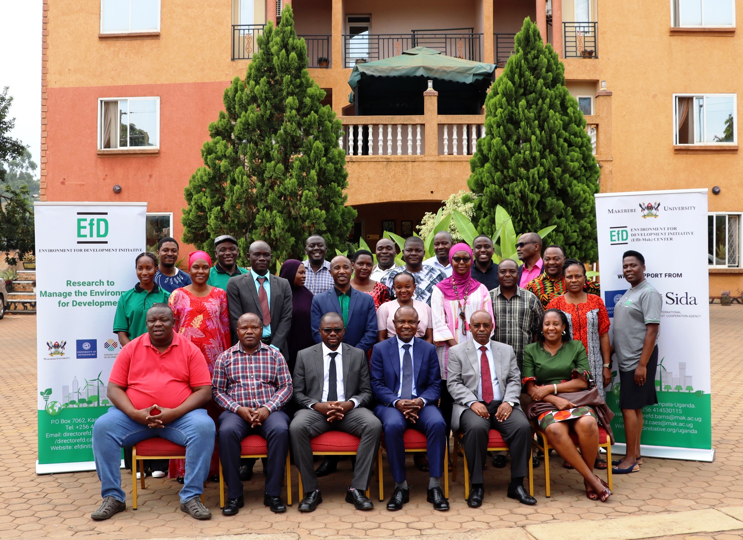 Participants in group photo after the AGM held in Hoima City. Environment for Development Initiative (EfD-Mak) Centre, Makerere University, Annual General Meeting, Glory Summit Hotel, Hoima District, Uganda, East Africa, 18th July 2024-Professors Edward Bbaale and Johnny Mugisha re-elected unopposed as Director and Deputy Director respectively.