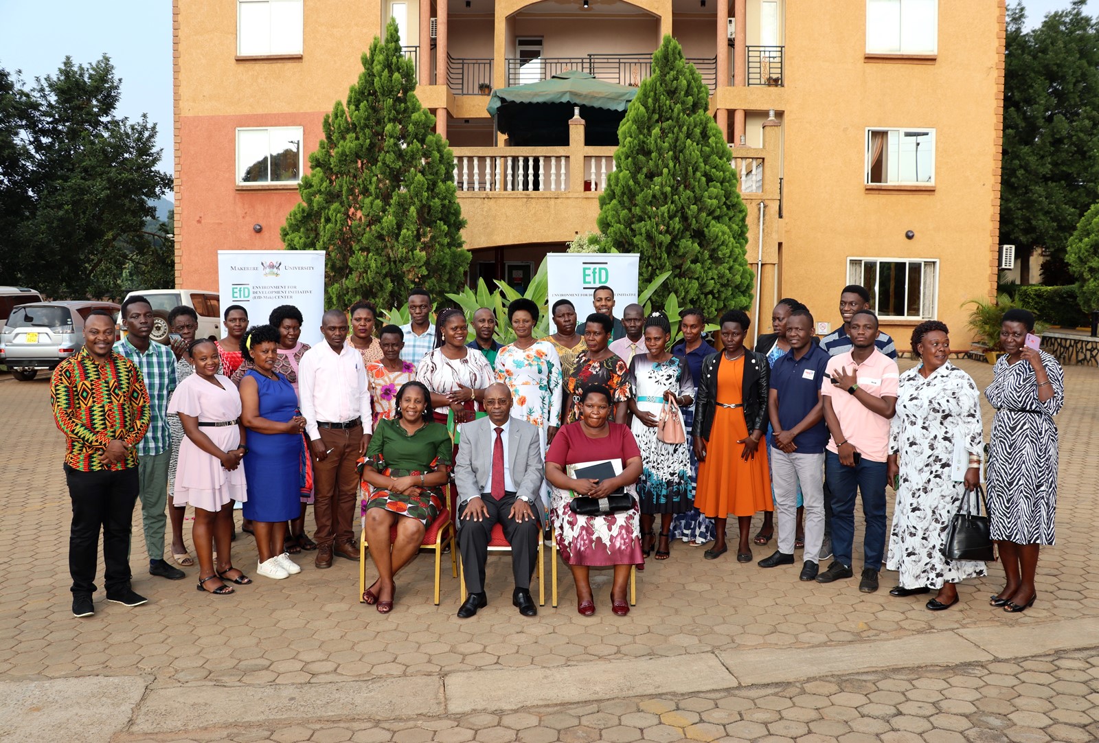 Participants pose for a group photo at the EfD-Mak Policy Dialogue in Hoima City. Environment for Development Initiative (EfD-Mak) Centre, Makerere University, policy dialogue on "Energy Efficiency and Reduced Emissions in Uganda: Facts and Prospects," as part of Annual General Meeting, Glory Summit Hotel, Hoima District, Uganda, East Africa, 18th July 2024.