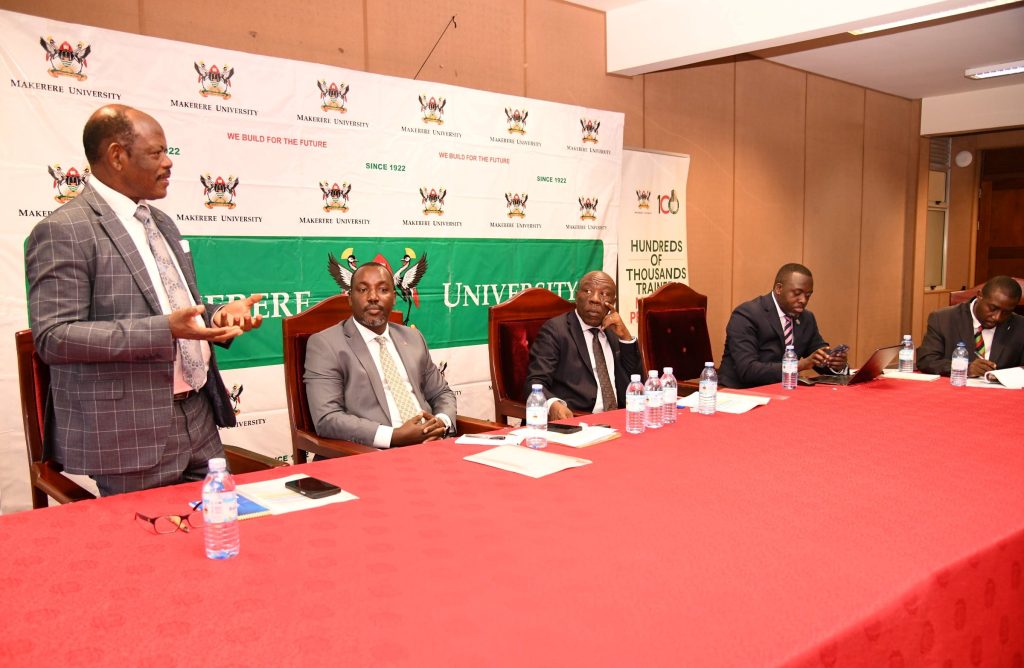Left to Right: Prof. Barnabas Nawangwe, Mr. Bruce Kabaasa, Prof. Henry Alinaitwe, Mr. Yusuf Kiranda and Mr. Evarist Bainomugisha at the launch. Makerere University Financial Management System launch by Chairperson, Finance, Planning, Administration and Investment Committee (FPAIC) of Council, Mr. Bruce Kabaasa, 10th July 2024, Council Room, Frank Kalimuzo Central Teaching Facility, Kampala Uganda, East Africa.
