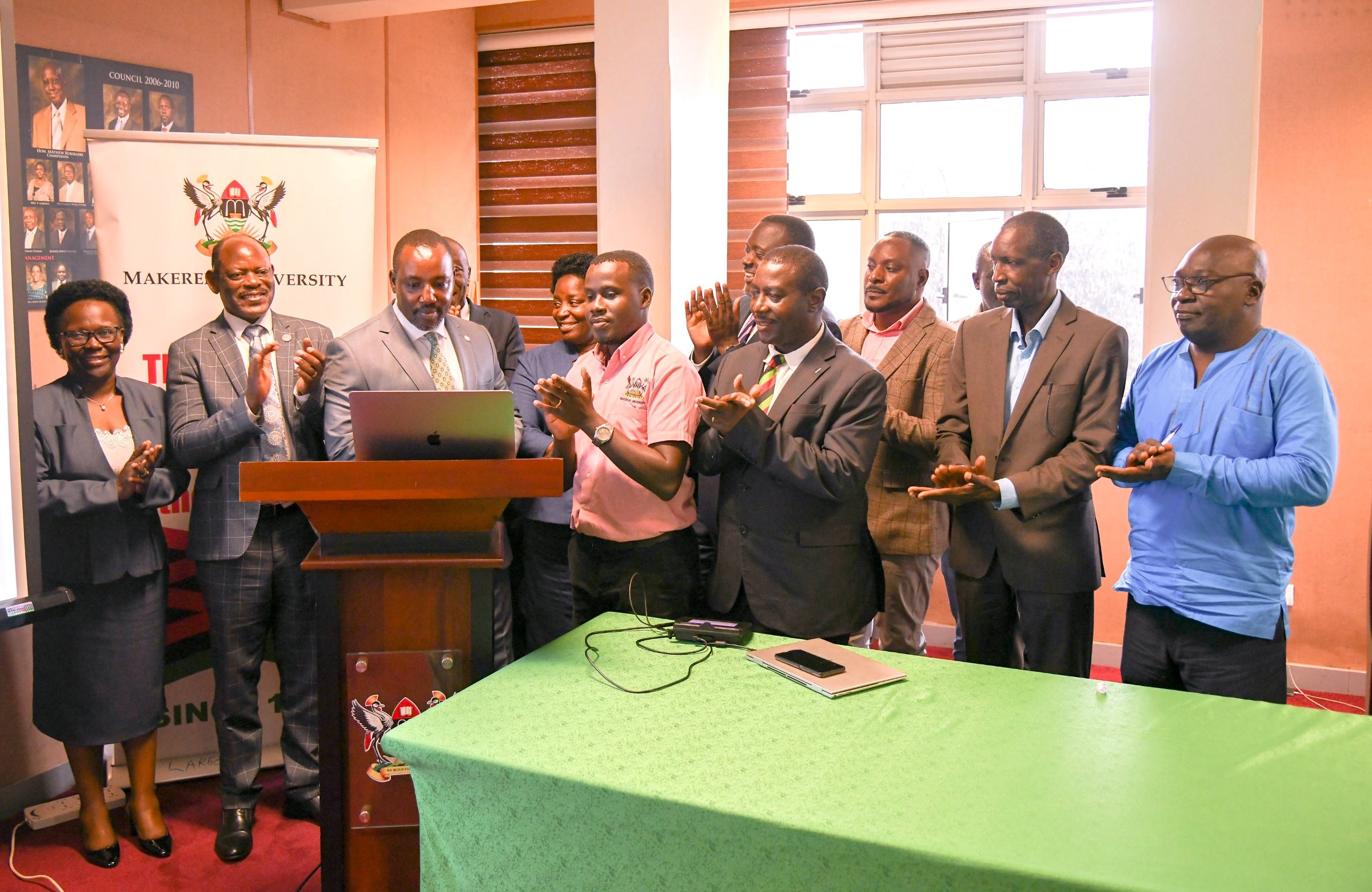 Chairperson FPAIC-Mr. Bruce Kabaasa (3rd Left) flanked by the Vice Chancellor-Prof. Barnabas Nawangwe (2nd Left) and other officials officially launches the Mak Financial Management System on 10th July 2024. Makerere University Financial Management System launch by Chairperson, Finance, Planning, Administration and Investment Committee (FPAIC) of Council, Mr. Bruce Kabaasa, 10th July 2024, Council Room, Frank Kalimuzo Central Teaching Facility, Kampala Uganda, East Africa.