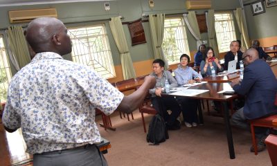 The Head, Department of Geography, Geo-Informatics and Climatic Sciences, Dr Paul Mukwaya briefing the team about the programmes at Makerere. Makerere University-Nanjing University of Information Science and Technology (NUIST) MoU Signing to formalize collaboration in teaching and learning, research and publication, technology transfer, and resource mobilization, 12th July 2024, School of Forestry, Environmental, and Geographical Sciences (SFEGS) Board Room, College of Agricultural and Environmental Sciences (CAES), Kampala Uganda, East Africa.