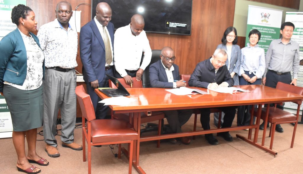 The Representative of Makerere University Vice Chancellor, Dr Revocatus Twinomuhangi and the Vice President of NUIST signing the MoU. Makerere University-Nanjing University of Information Science and Technology (NUIST) MoU Signing to formalize collaboration in teaching and learning, research and publication, technology transfer, and resource mobilization, 12th July 2024, School of Forestry, Environmental, and Geographical Sciences (SFEGS) Board Room, College of Agricultural and Environmental Sciences (CAES), Kampala Uganda, East Africa.