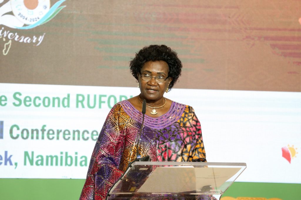 The Minister of Higher Education, Training and Innovation of the Republic of Namibia, Hon. Dr. Itah Kandjii Murangi. Second RUFORUM Triennial Conference hosted by the Government of Namibia and RUFORUM member Universities in Namibia, 12-16 August, 2024, Windhoek under the theme “Operationalising Higher Agricultural Education and Research Ecosystems for Innovation, Industrialisation, and Economic Development in Africa: A Call for Action.