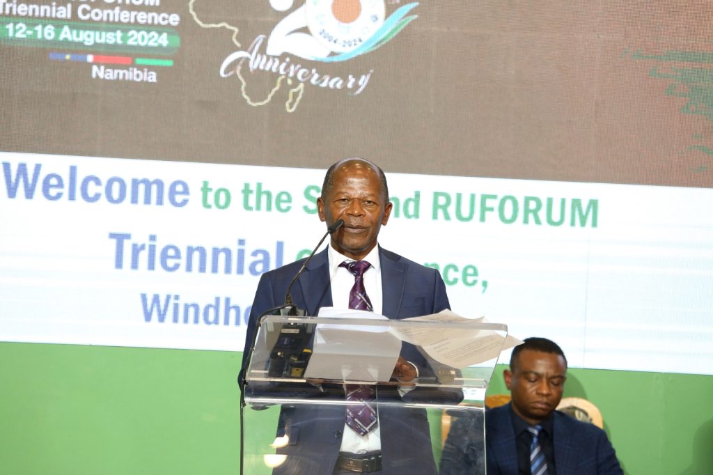 Hon. Dr. John Chrysestom Muyingo speaking on behalf of all visiting Ministers of Higher Education during the RUFORUM Triennial in Windhoek, Namibia. Second RUFORUM Triennial Conference hosted by the Government of Namibia and RUFORUM member Universities in Namibia, 12-16 August, 2024, Windhoek under the theme “Operationalising Higher Agricultural Education and Research Ecosystems for Innovation, Industrialisation, and Economic Development in Africa: A Call for Action.