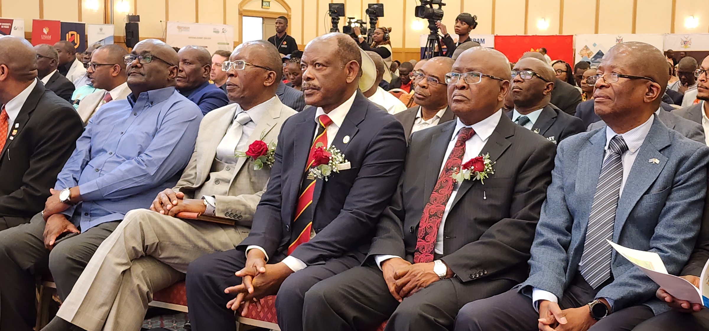 Prof. Nawangwe (C), Vice Chancellor Makerere University together with Vice Chancellors from across Africa. Second RUFORUM Triennial Conference hosted by the Government of Namibia and RUFORUM member Universities in Namibia, 12-16 August, 2024, Windhoek under the theme “Operationalising Higher Agricultural Education and Research Ecosystems for Innovation, Industrialisation, and Economic Development in Africa: A Call for Action.