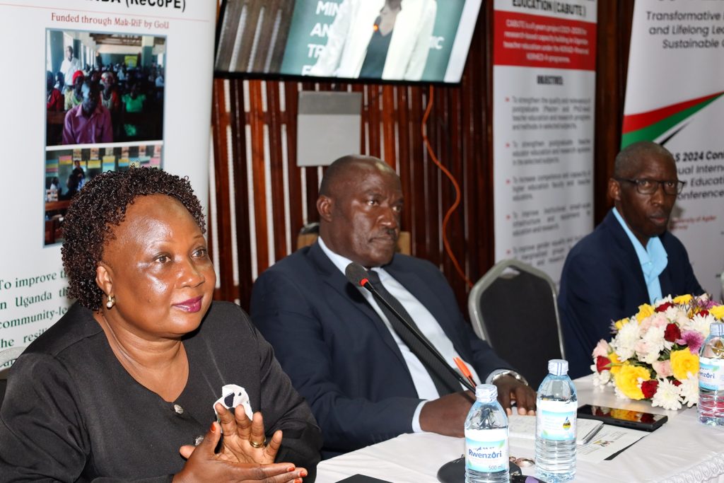 Left to Right: Dr. Harriet Nabushawo, Prof. Fred Masagazi Masaazi and CEES Principal Prof. Anthony Muwagga Mugagga. Launch of the Mindset Change and Socio-economic Transformation from the People’s World (MiSeT) project, School of Distance and Lifelong Learning, College of Education and External Studies (CEES), Makerere University, Kampala Uganda, East Africa, 27th August 2024, AVU Conference Room.