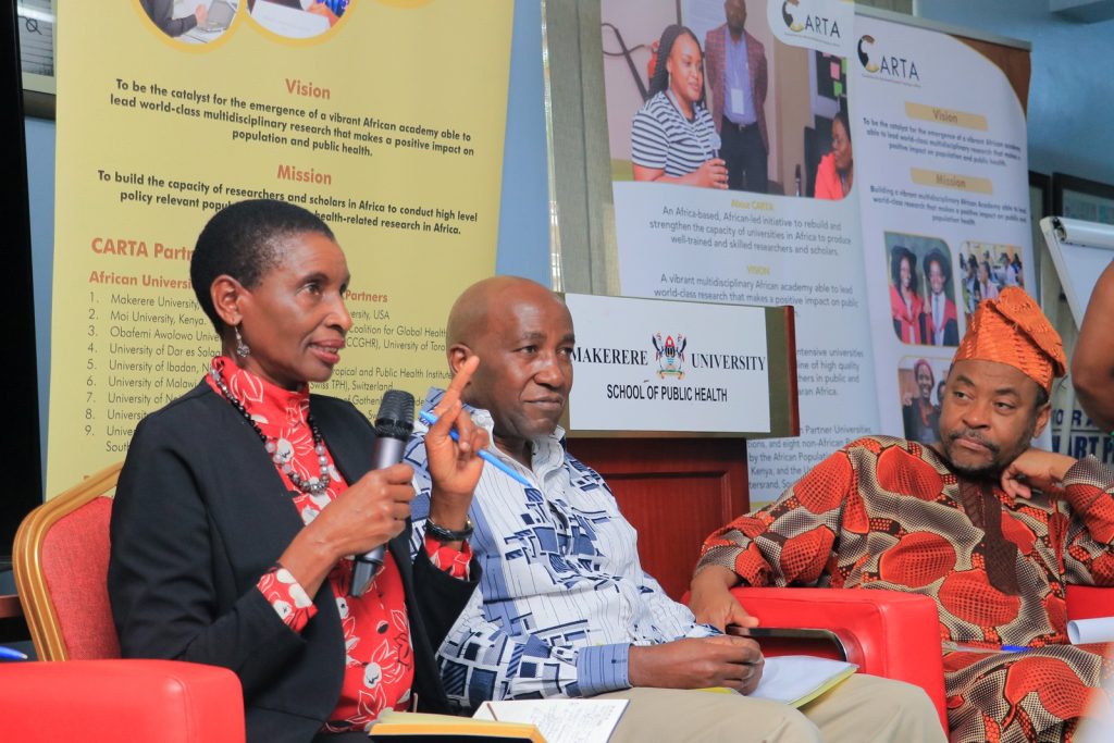 Dr. Anne Nangulu, a Professor of Economic History and the Focal Point for CARTA at Moi University speaks during the CARTA's APAS training at Makerere University. Consortium for Advanced Research Training in Africa (CARTA) week-long training for Academic, Professional, and Administration Staff (APAS) and Trainers of Trainers (ToTs), 12th to 16th August 2024, at Makerere University, School of Public Health - ResilientAfrica Network (MakSPH-RAN), Plot 28, Upper Kololo Terrace, Kampala, Uganda, East Africa.