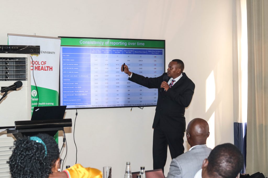 Dr. Arthur Bagonza., a Public Health Consultant and Research fellow at MakSPH presenting results of the quality of post abortion care. He calls for accurate abortion data to improve healthcare planning and policymaking. Makerere University School of Public Health (MakSPH) Innovations for Choice and Autonomy (ICAN) project study I-CAN/Nsobola/An atwero social support intervention, piloted in Mayuge and Oyam districts in 2023, Dissemination on July 31, 2024 at Golden Tulip Hotel, Kampala Uganda, East Africa.