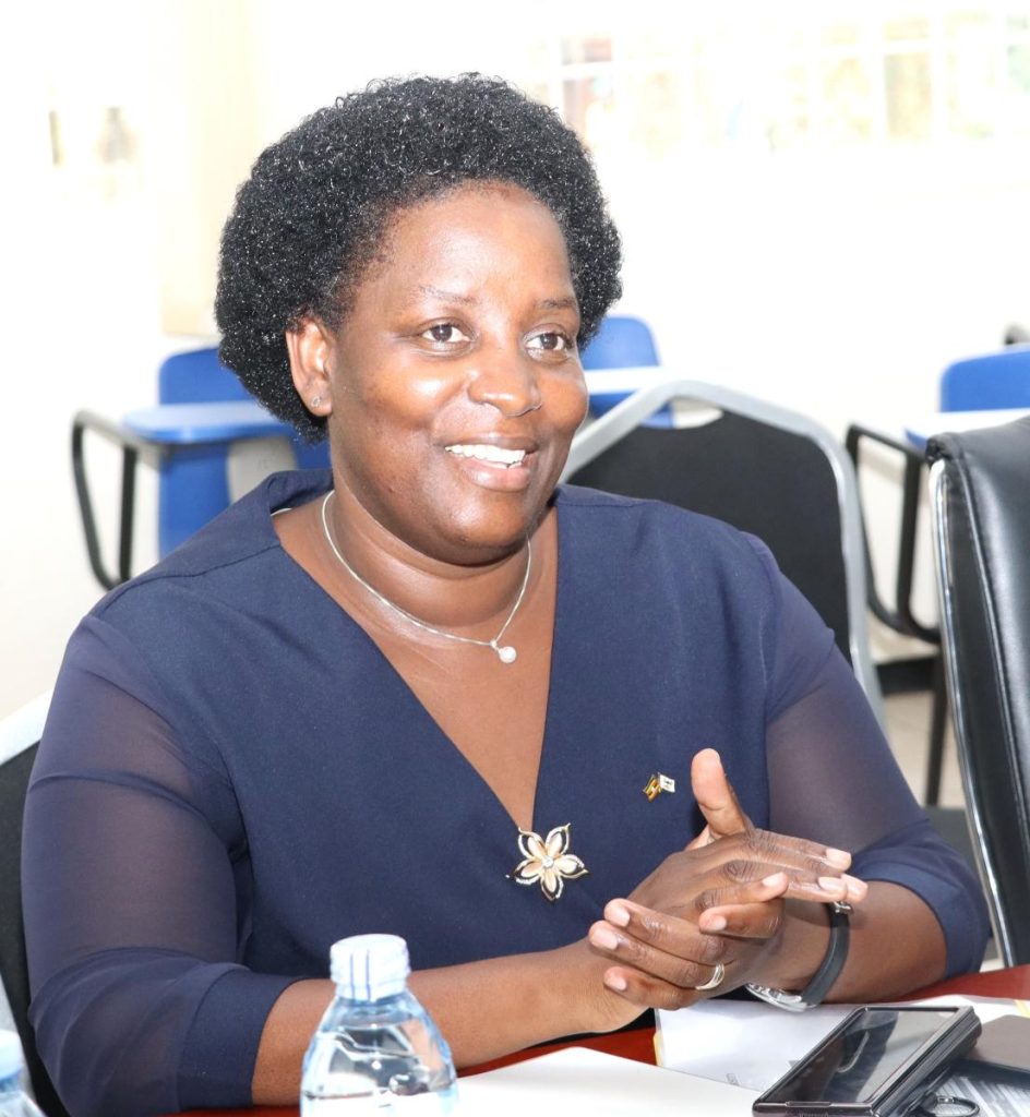 Prof. Helen Nkabala presiding over the hand over ceremony in the CHUSS Smart Room. Handover of the College of Humanities and Social Sciences (CHUSS) Bursar Office from Ms. Joseline Biganja to Mr. Michael Mbaine, 6th August 2024, CHUSS Smart Room, Makerere University, Kampala Uganda, East Africa.