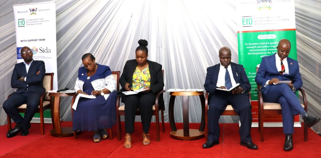 Panelists during one of the interactive sessions at the graduation ceremony.  EfD Uganda, Makerere University, Kampala Uganda, East Africa graduation of Third Cohort of the Inclusive Green Economy (IGE) Capacity Building Program Fellows, 7th August 2024, Kampala Sheraton Hotel.